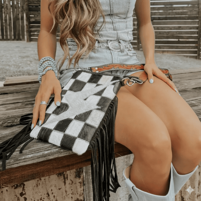 Checkered Bolt Fringe Crossbody Bag