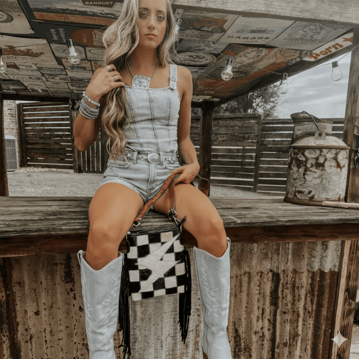Checkered Bolt Fringe Crossbody Bag