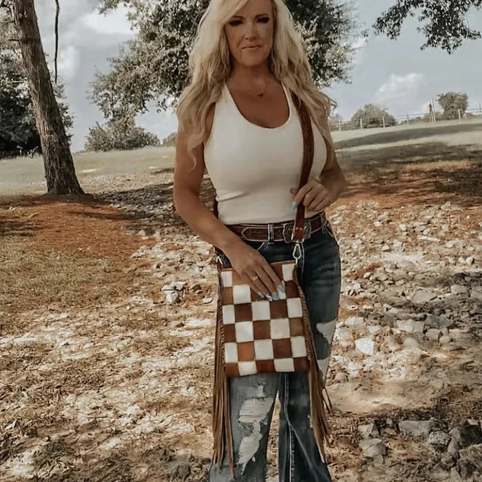 Checkered Cowhide Fringe Crossbody Bag