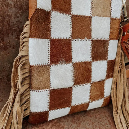 Checkered Cowhide Fringe Crossbody Bag