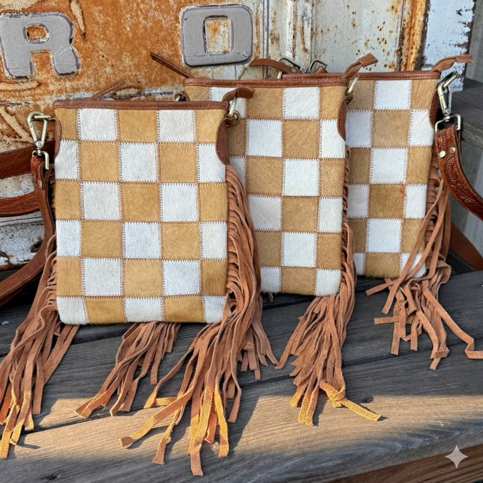 Checkered Cowhide Fringe Crossbody Bag