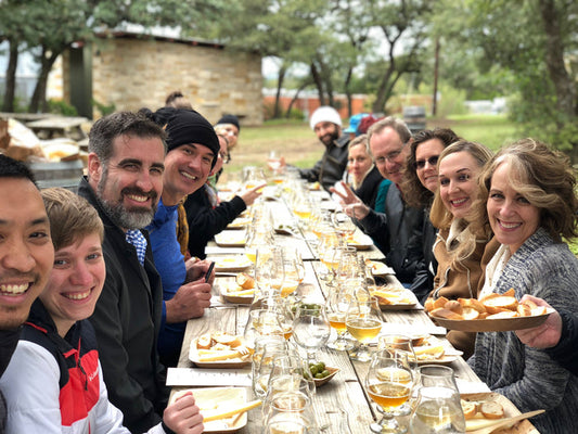 group on farm eating