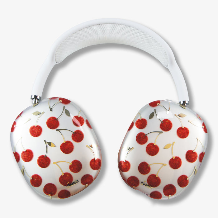 Top close-up of Cherry on Top AirPods Max Cover showing cherry-pattern ear cups and white padded headband