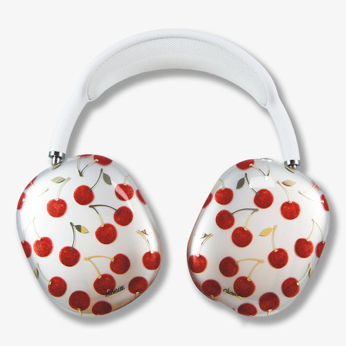 Top close-up of Cherry on Top AirPods Max Cover showing cherry-pattern ear cups and white padded headband