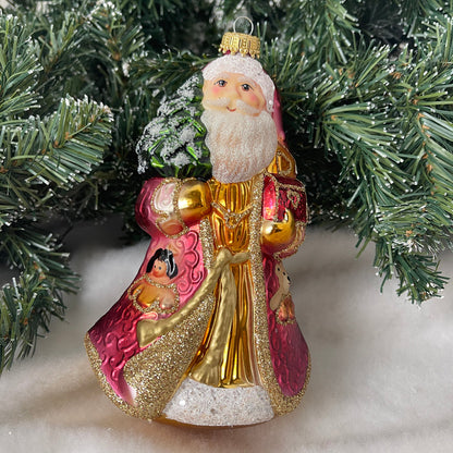 Christmas by Krebs Blown Glass Collectible Ukrainian Figurine (6.6" Santa with Treasure)