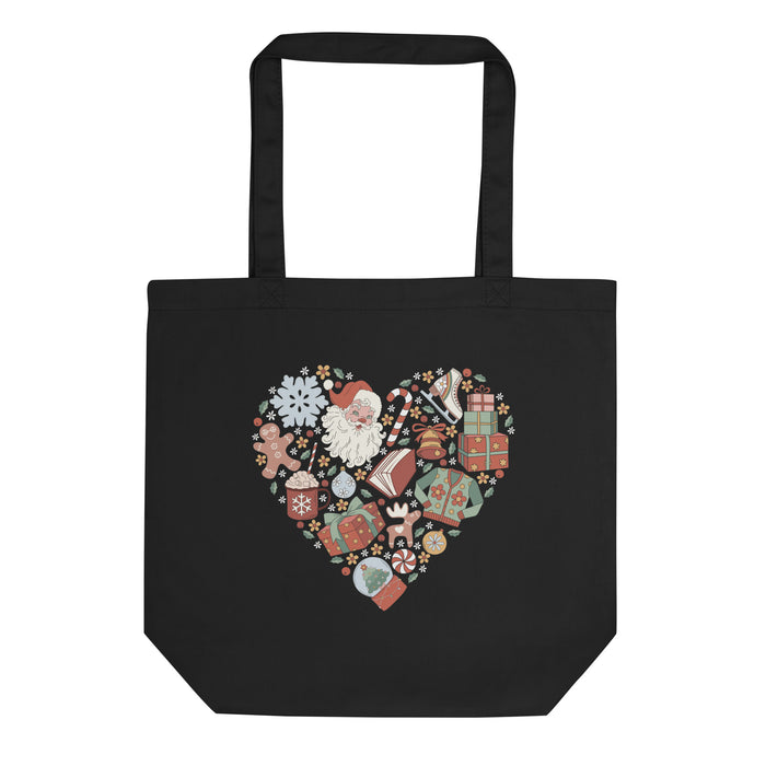 Christmas Necessities Organic Cotton Twill Tote Bag - The Bean Workshop - Book Lover Gift, Bookworm, Canvas Tote, Christmas Gift, Christmas Necessities Tote Bag, Festive Accessory, Groovy Christmas, Heart Design, Holiday Shopping Bag, Library Bag, Retro Holiday Tote for Readers, Santa Claus, Vintage Christmas Collage Bag