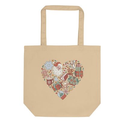 Christmas Necessities Organic Cotton Twill Tote Bag - The Bean Workshop - Book Lover Gift, Bookworm, Canvas Tote, Christmas Gift, Christmas Necessities Tote Bag, Festive Accessory, Groovy Christmas, Heart Design, Holiday Shopping Bag, Library Bag, Retro Holiday Tote for Readers, Santa Claus, Vintage Christmas Collage Bag