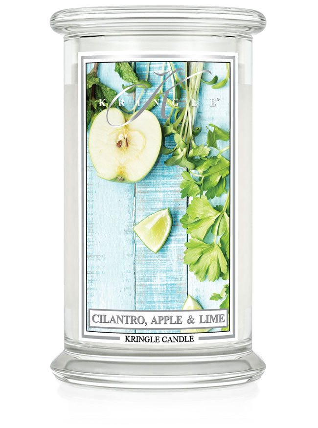 Kringle Candle with cilantro, apple, and lime design on a white background