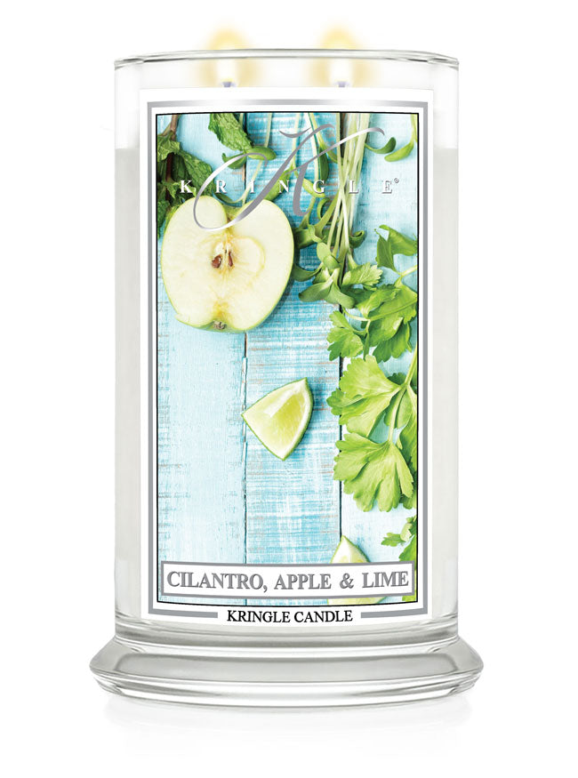 Kringle Candle with cilantro, apple, and lime design on a white background