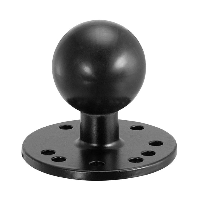 The Circular Metal 38mm (1.5 inch) Ball to 4-Hole AMPS Adapter is a black metal mounting base with a 38mm ball on top and multiple screw holes, making it ideal for use as a dashboard mount.