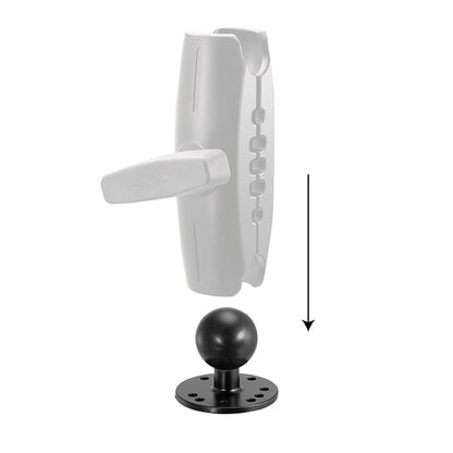 The Circular Metal 38mm (1.5 inch) Ball to 4-Hole AMPS Adapter in black is shown beneath a semi-transparent holder with a downward arrow, illustrating assembly—perfect for dashboard mounting setups.