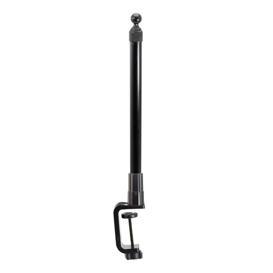 The Clamp and Extendable 17-29 inch Pole with 25mm (1 inch) Ball securely mounts to a desk edge, offering an adjustable black metal rod and round ball finial for versatile positioning.
