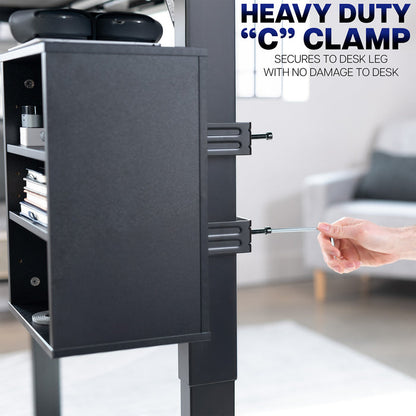 Clamp-on Under Desk Shelving Unit, Office Accessory Holder for Supplies, Gaming Devices, and More, Multi-Level Storage Shelves, Workstation Organizer
