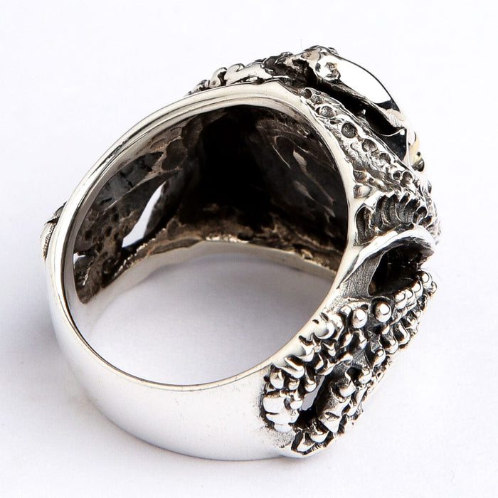 The inside of the heavy gothic biker ring, showing its solid silver construction.