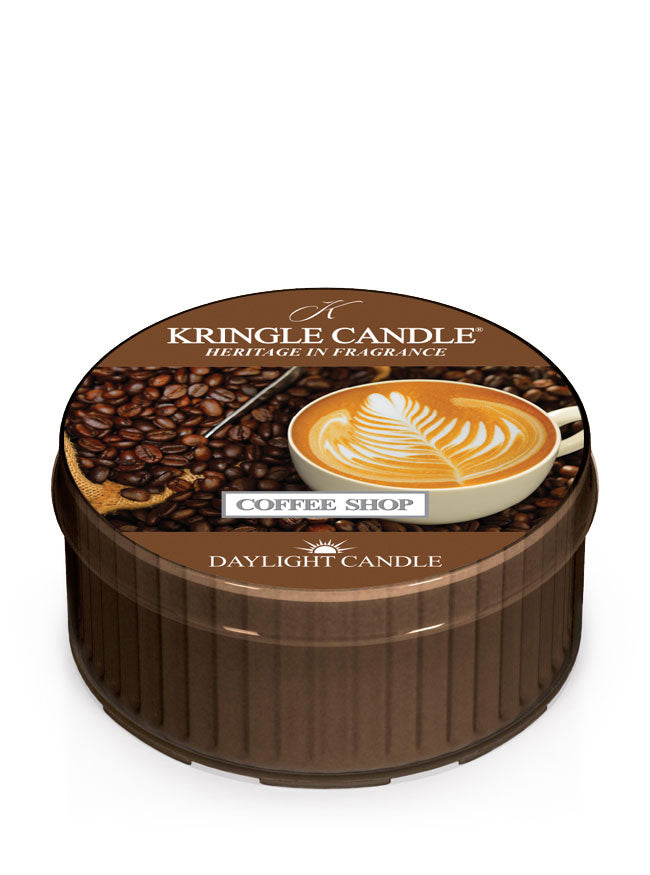 Kringle Candle Coffee Shop daytime candle packaging on a white background