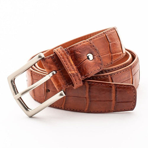 Genuine crocodile leather belt in cognac brown coiled to show texture and silver buckle
