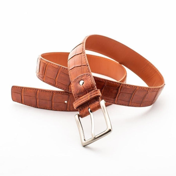 Luxury men's crocodile belt cognac brown double looped showing craftsmanship