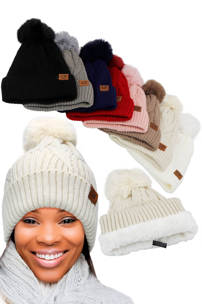 Coil Chevron Knitted Fleece Lined Beanie