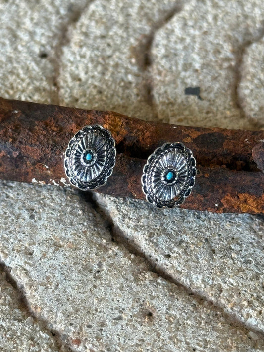 Concho Faux Silver Stud Earrings