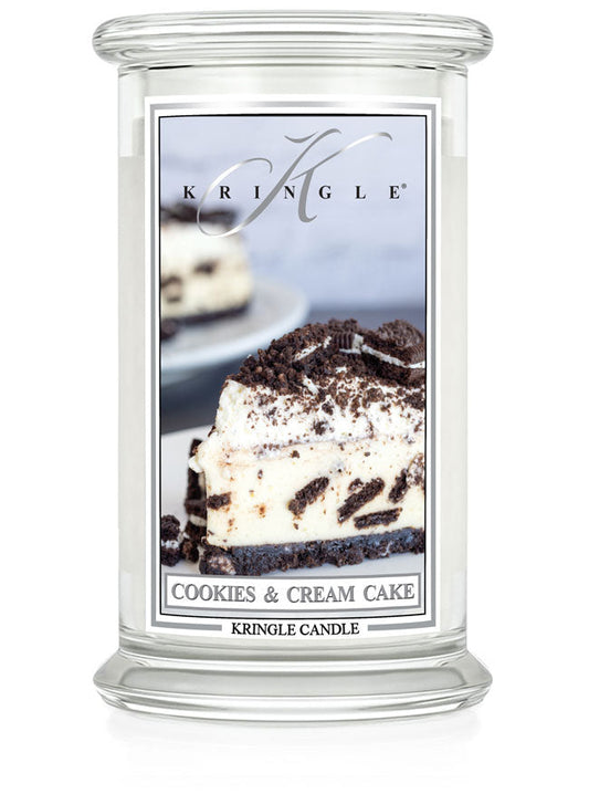 Kringle Candle with 'Cookies & Cream Cake' flavor on a white background