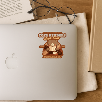 Cozy Readers Book Club Sticker - The Bean Workshop - Autumn Vibes, Book Lover, Book Lover Gift, Book Lover Sticker for Laptop, Bookish Accesories, Cozy Aesthetic, Cozy Bear, Cozy Readers Book Club, Cozy Reading Bear Vinyl Sticker, Cute Bookworm E-reader Decal, fall, Fall Aesthetic Journal Sticker, sticker