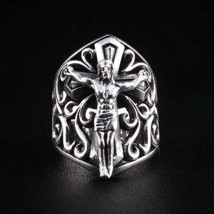 Front view of 925 sterling silver crucifix shield ring with filigree scrollwork