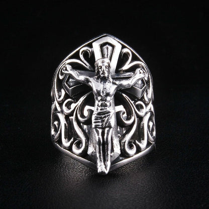 Front view of 925 sterling silver crucifix shield ring with filigree scrollwork