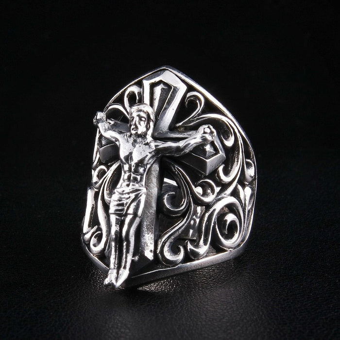 Left side profile of handcrafted sterling silver crucifix shield ring