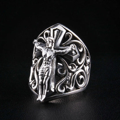 Left side profile of handcrafted sterling silver crucifix shield ring