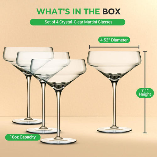Crystal Martini Glasses 10 Oz - Elegant Lead-Free Crystal, Dishwasher Safe
