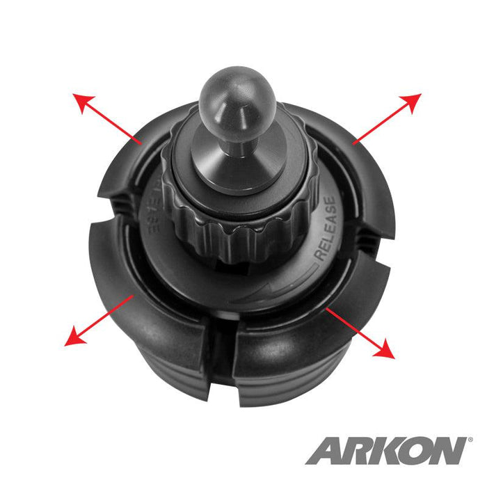 The Heavy Duty Car Cup Holder Mount - 20mm Ball Compatible features a black round mounting base, a gray release knob, and central 20mm ball joint, ideal for cup holder setups. Red arrows highlight movement; ARKON logo appears in the bottom right corner.