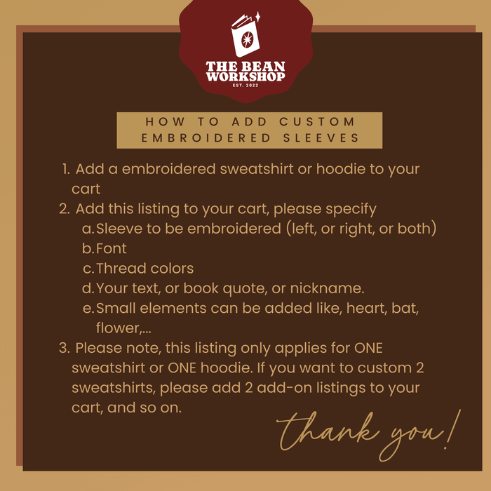 Custom Embroidered Sleeve (Add-On Listing) - The Bean Workshop -