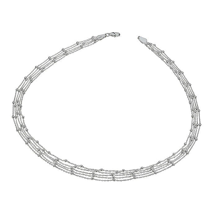 Kort silverhalsband med tunna kedjor och silverkulor.