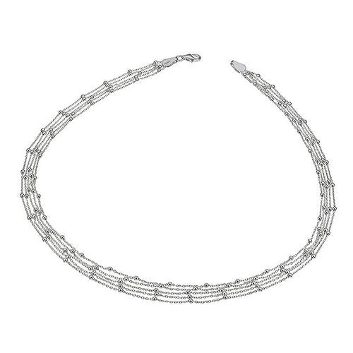 Kort silverhalsband med tunna kedjor och silverkulor.