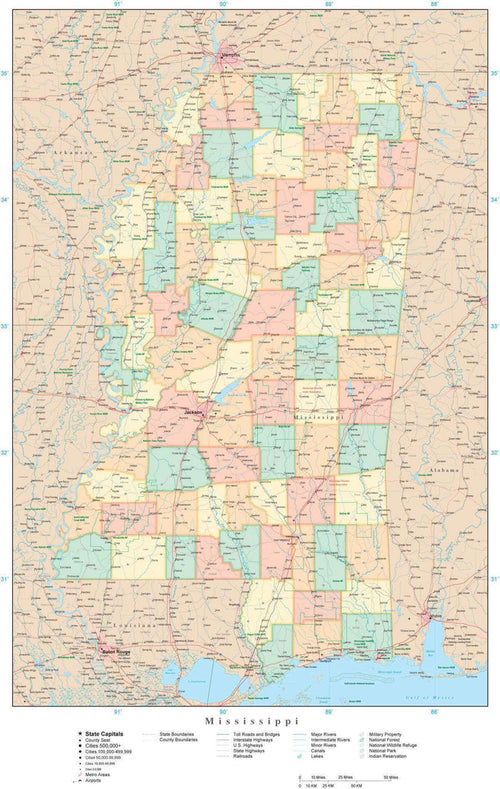 Detailed Mississippi Digital Map with Counties, Cities, Highways, Railroads, Airports, and more