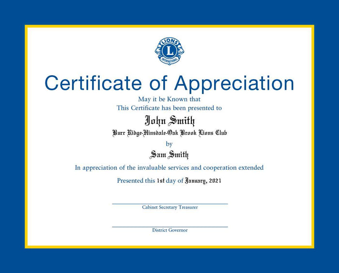 DISTRICT GOVERNORS APPRECIATION CERTIFICATE - PERSONALIZED