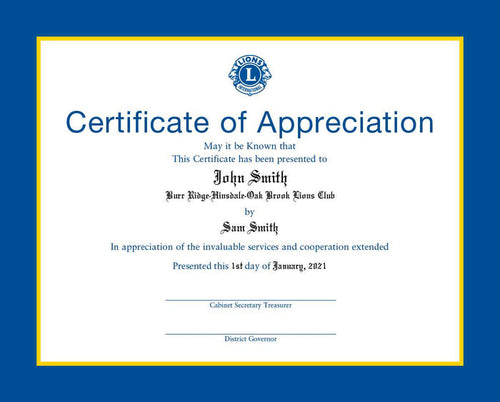 DISTRICT GOVERNORS APPRECIATION CERTIFICATE - PERSONALIZED