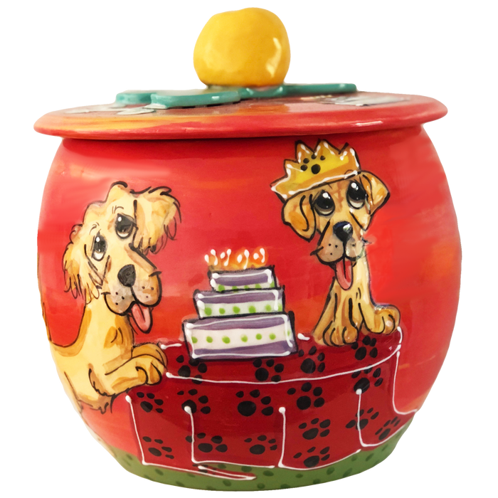 photo of golden retriever and Labrador celebrating dog birthday, hand painted on red color ceramic treat jar container, by Debby Carman