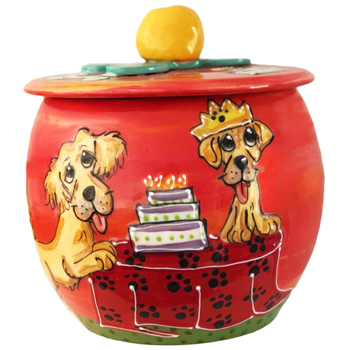 photo of golden retriever and Labrador celebrating dog birthday, hand painted on red color ceramic treat jar container, by Debby Carman