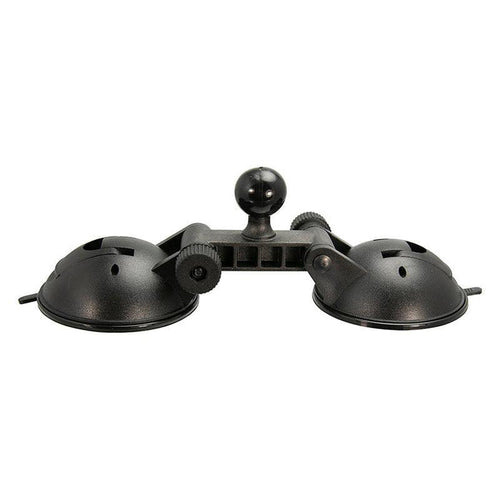 The Double 80mm Windshield Suction Pedestal with 25mm Ball is a robust black mount with adjustable knobs, designed to securely hold devices or equipment on flat surfaces.