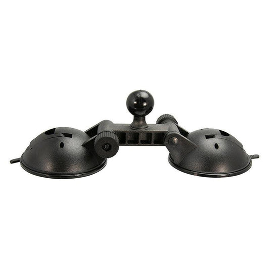 The Double 80mm Windshield Suction Pedestal with 25mm Ball is a robust black mount with adjustable knobs, designed to securely hold devices or equipment on flat surfaces.