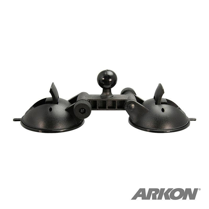 The black Double 80mm Windshield Suction Pedestal with 25mm Ball is a sturdy mounting solution, pictured on a white background with the ARKON logo in the bottom right corner.