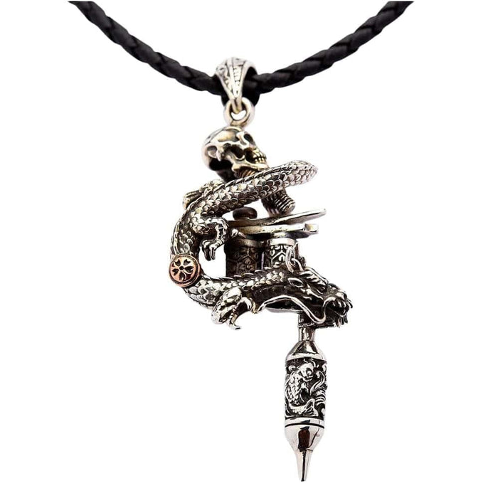 Dragon skull tattoo machine pendant in 925 sterling silver with brass accent front view