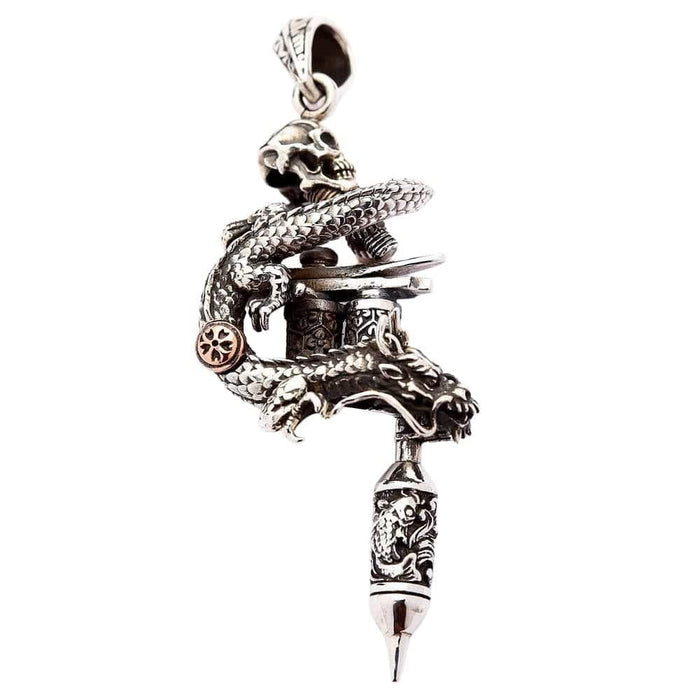 Sterling silver dragon coiled around tattoo machine pendant side angle detail