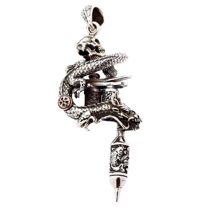 Sterling silver dragon coiled around tattoo machine pendant side angle detail