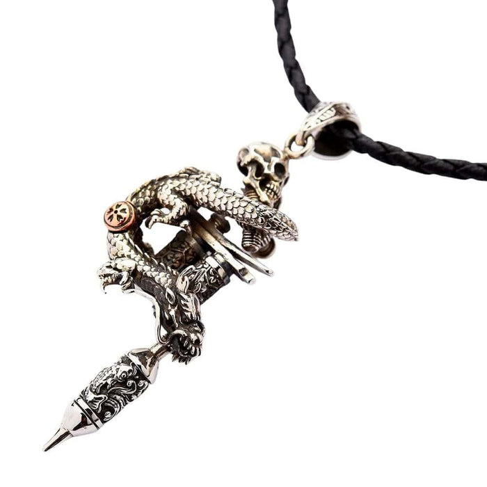 Dragon skull tattoo machine pendant on black braided leather cord necklace