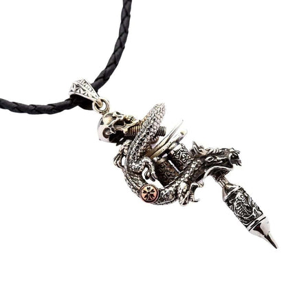 Close-up of 26 gram heavyweight sterling silver dragon tattoo pendant with oxidized finish