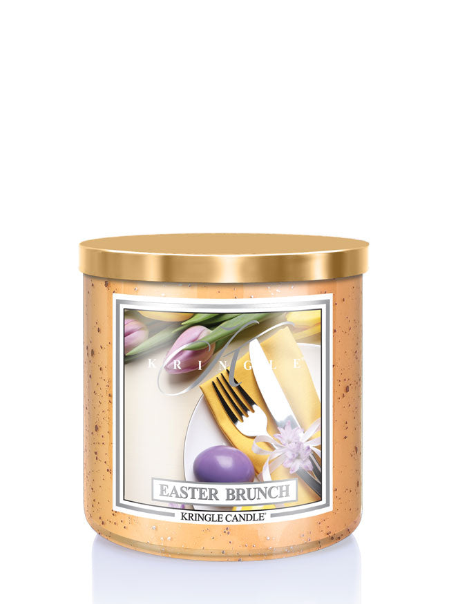 Kringle Candle Easter Brunch candle with gold lid on a white background