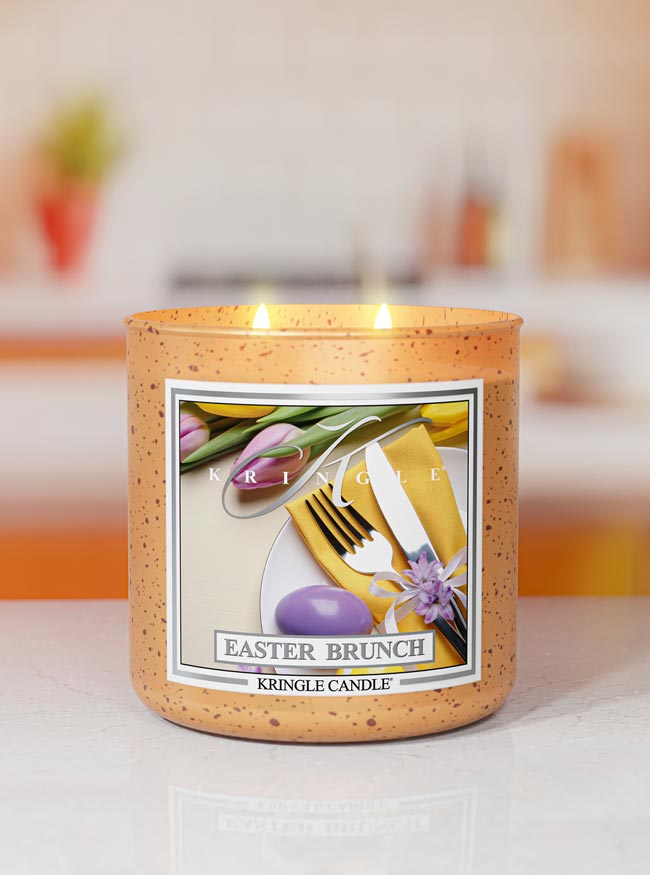 Kringle Candle Easter Brunch candle with a blurred background