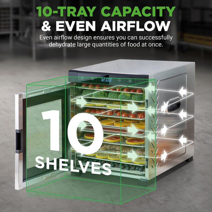 Electric Food Dehydrator 10-Tray Stainless Steel Digital Timer 900W